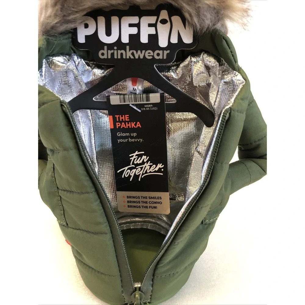 Puffin drinkwear Drink Parka Jacket Koozie The Pahka Olive Green w/ Fur Hood NEW